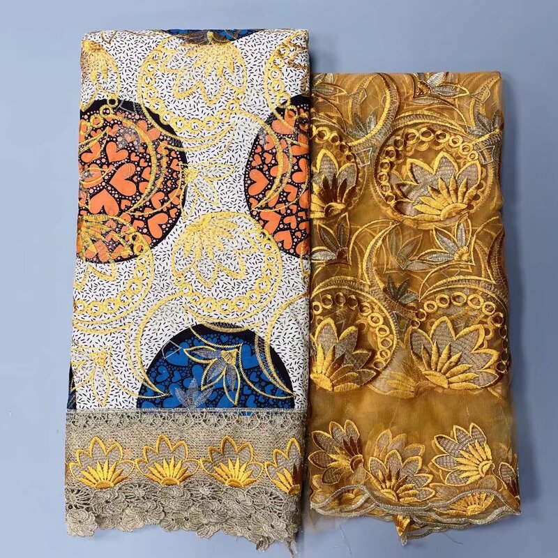 2021 новый дизайн 5y Вощеная кружевная ткань + 2y богатый шарф вышивка африканская 100% хлопчатобумажная ткань кружево Дубай Стиль CJB04