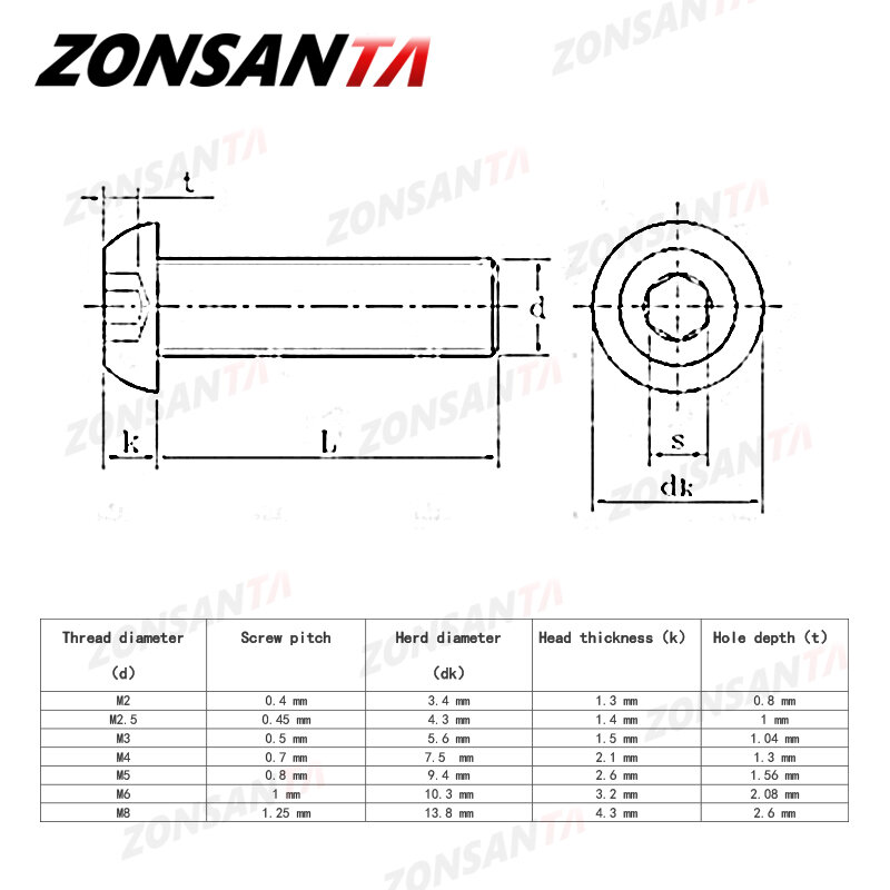 ZONSANTA-304 Parafusos redondos de aço inoxidável, cabeça do botão, parafuso Allen, parafuso mecânico, soquete sextavado, ISO7380, M2, M2.5, M3, M4, M5, M6, 304 A2