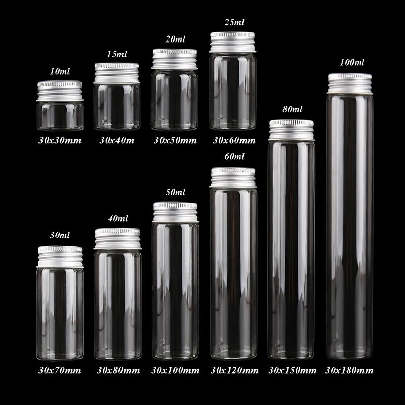 24 pz/lotto 10ml 15ml 20ml 25ml 30ml 40ml 50ml 60ml 80ml 100ml bottiglie di vetro vasetti con coperchi in alluminio per bomboniere artigianato d'arte