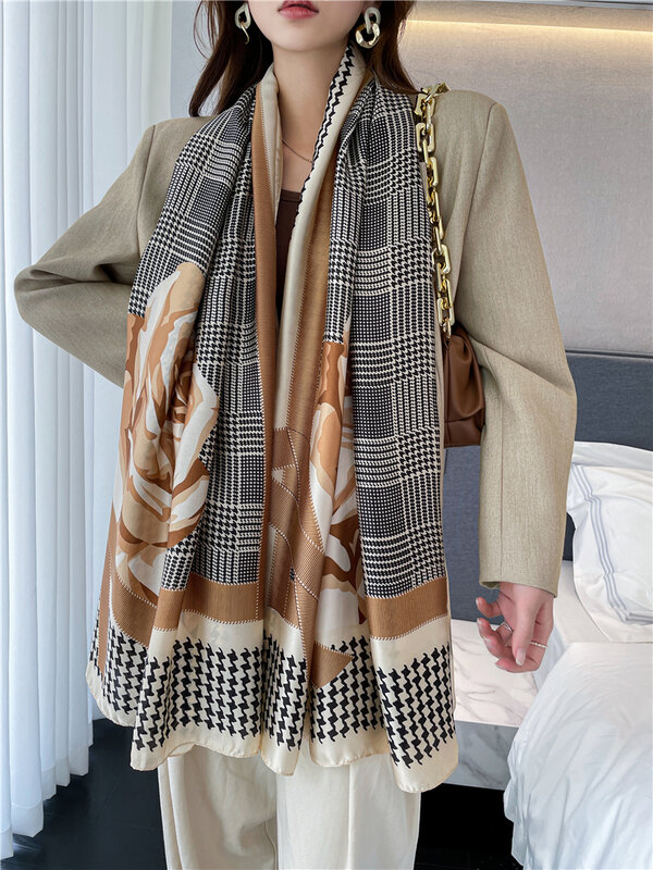 Однотонный дизайнерский Шелковый летний шарф 2021, женский шейный платок из искусственной пашмины с принтом, шейный платок, платок, пляжные п...