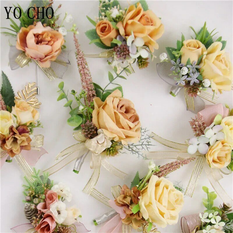 Yo Cho Pernikahan Korsase dan Boutonnieres Buatan Sutra Rose Bunga Gadis Pergelangan Tangan Korsase Desain Unik Prom Pesta Bunga Gelang