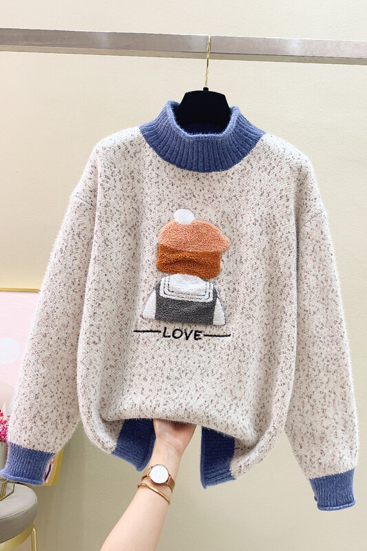 Пуловер женский утепленный с высоким воротником, свитер с мультяшной вышивкой, однотонный вязаный свитер с длинными рукавами с любовью, топы на зиму