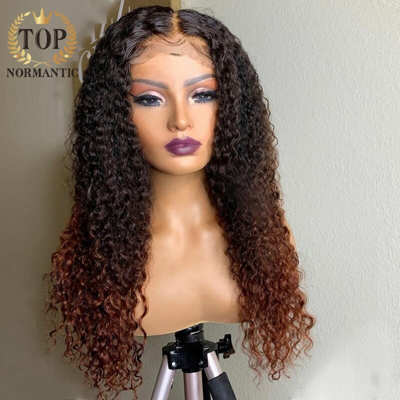 Topnormantic-Peluca de cabello humano Remy para mujer, Pelo Rizado profundo con cierre frontal de encaje 13x4, Color marrón degradado, predesplumada