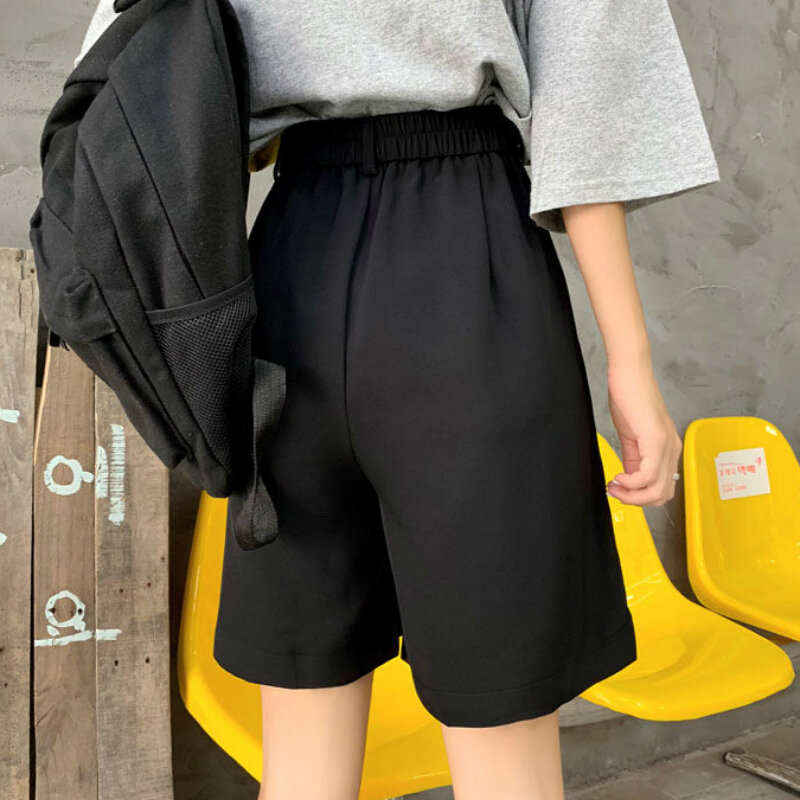 Shorts Women Summer Button Knee-length Black Wide-leg Loose Drape Korean-style Casual Womens Office BF Streetwear Fashion Simple