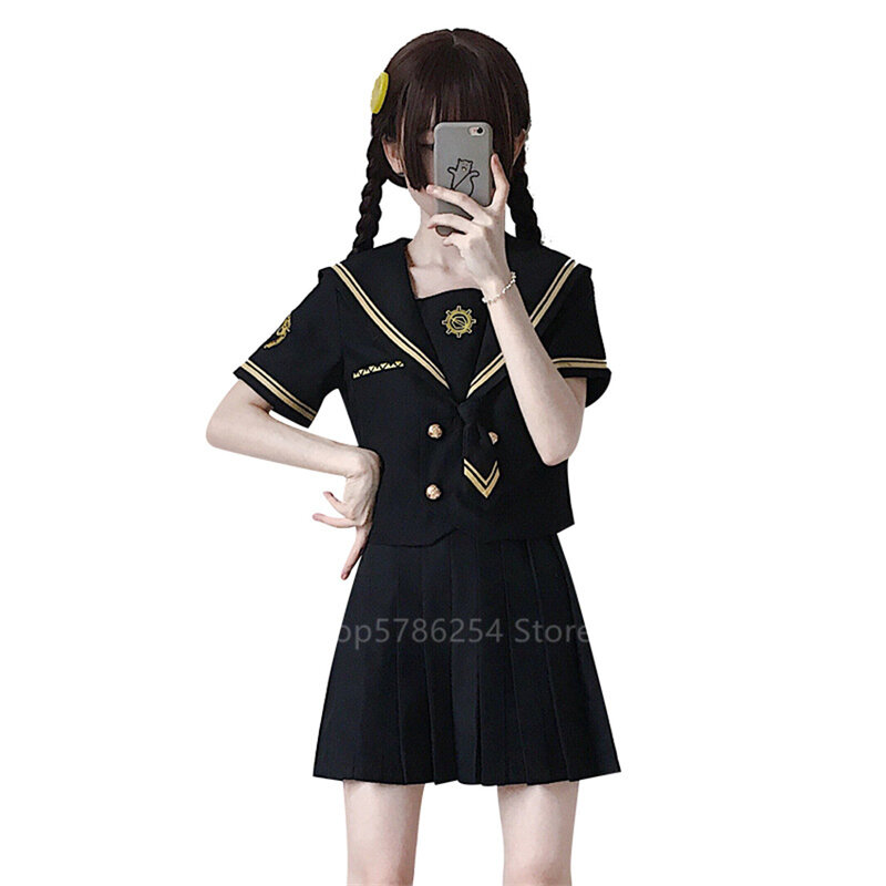 Seragam Sekolah Jepang Kemeja Pelaut Set Rok Gadis Nakal Boneka Hitam Gotik Warna Solid Lipit JK Setelan Pakaian Siswa Sekolah Tinggi