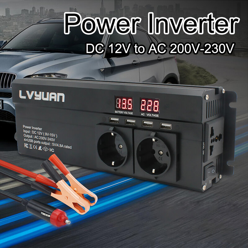 Inversor de carro com display LED e plug EU, inversor de energia, conversor de volts, carregador inversor transformador, 6000W, pico, DC 12V, 24V a 220V