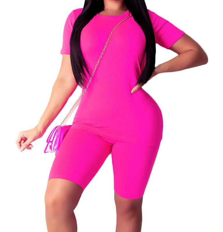 Two Piece Casual Solid Set Women Summer Short Sleeve O Neck Top Short Fashion Female Tracksuit Workout Outfits Sets 2020 New