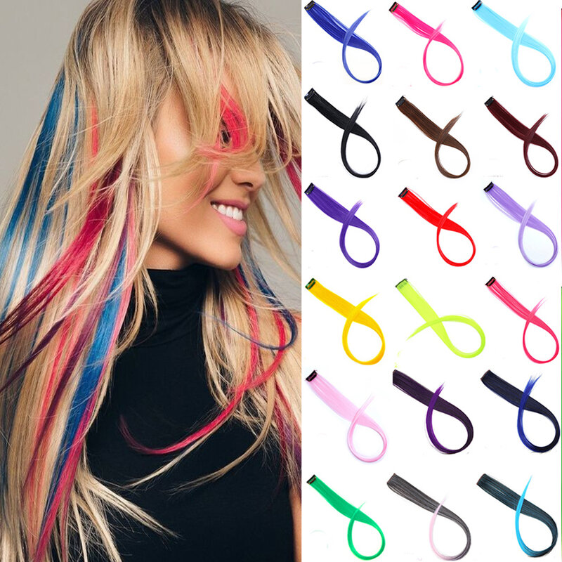 Lupu sintético colorido arco-íris longo grampo reto em extensões de cabelo resistente ao calor cabelo falso feminino