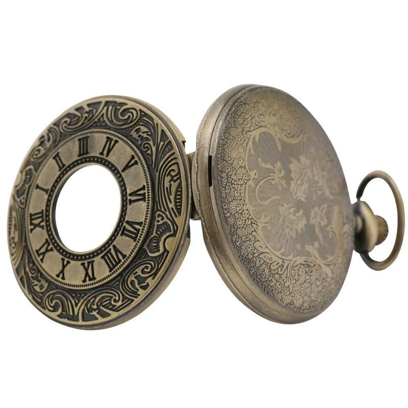 Retro Brons Hollow Flip Quartz Zakhorloge Romeinse Cijfers Gouden Wijzerplaat Horloge Modieuze En Duurzaam Chain Hanger Ketting Geschenken
