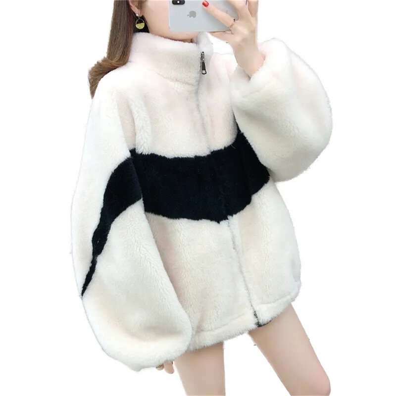 여성용 플러스 코튼 두꺼운 양털 입자, 스탠드업 칼라 스웨터 셔츠, 컬러 매칭 모조 토끼 모피 코트, 2024 신상
