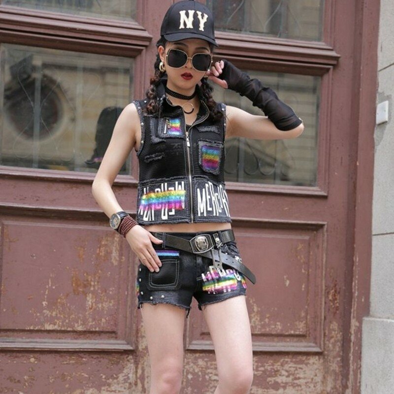 Chaleco sin mangas de estilo Punk para mujer, conjunto de pantalones cortos de tela vaquera con estampado gótico, trajes vaqueros informales, conjunto de 2 uds.