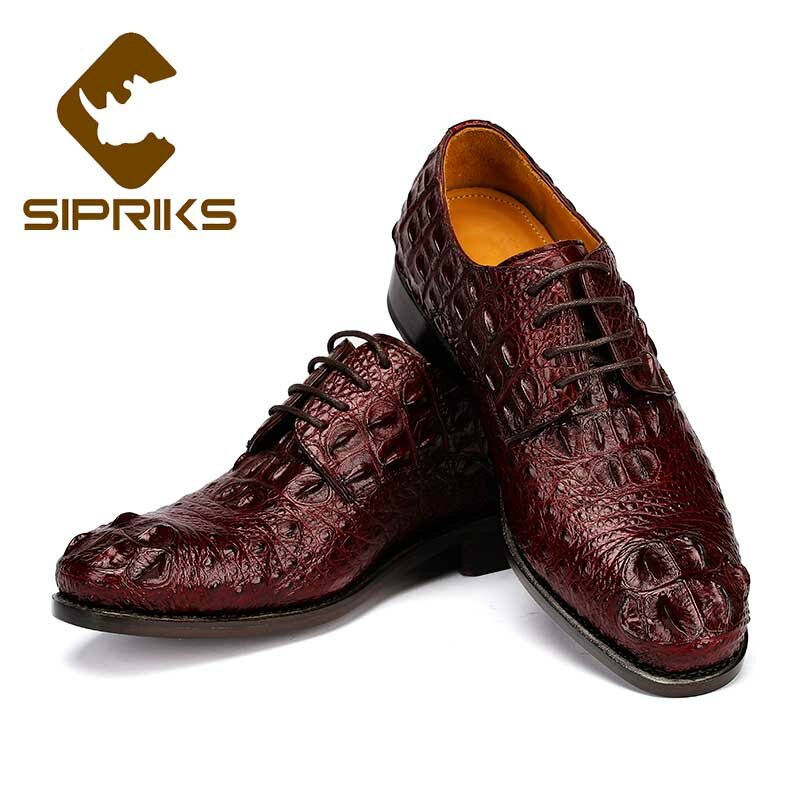 Sipriks masculino pele de crocodilo sapatos de couro borgonha lacing derby vestido sapatos marrom escuro calçados ao ar livre sola de couro 45