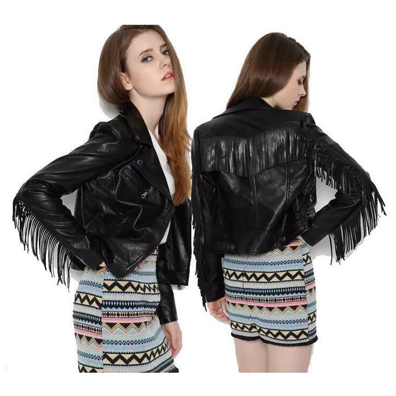 Куртка женская из искусственной кожи с бахромой, короткая мотоциклетная куртка из искусственной кожи в стиле панк, верхняя одежда на осень