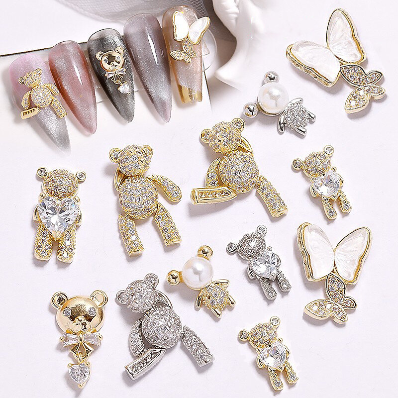 Nuove decorazioni di arte del chiodo in lega di zircone strass di lusso per unghie mobili orso farfalla nappa catene accessori per gioielli per unghie