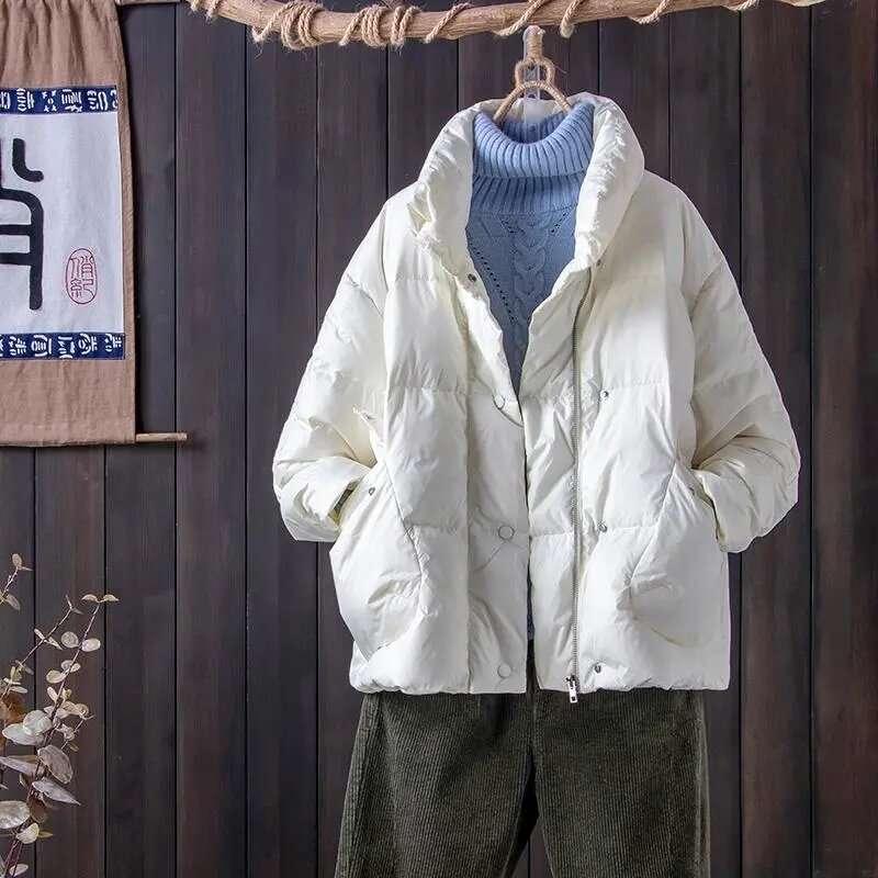 ใหม่ Warm Stand เสื้อแจ็คเก็ตสตรีหลวมสบายๆสั้น90เป็ดสีขาวลงเสื้อแจ็คเก็ต
