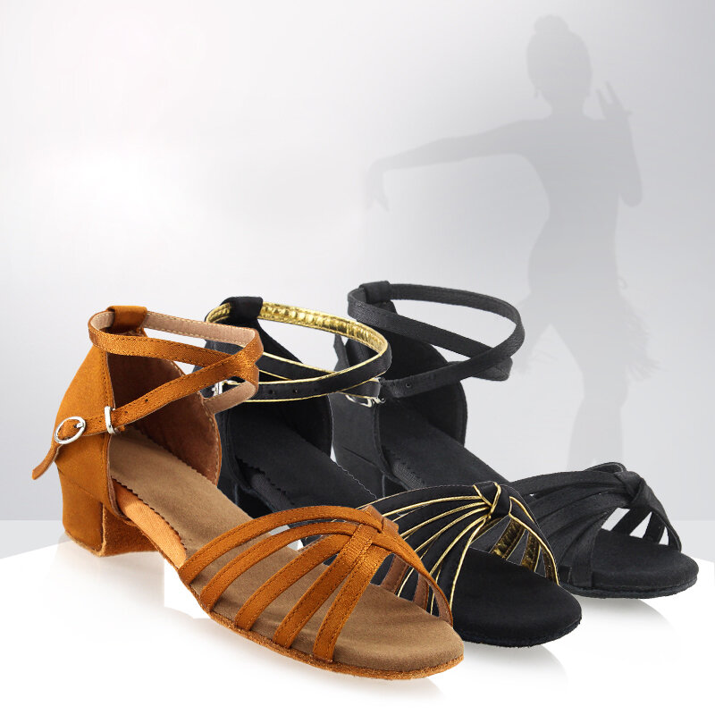 Zapatos latinos de tacón bajo para mujer y niña, calzado de baile latino, Tango, Rumba, Salsa, salón de baile