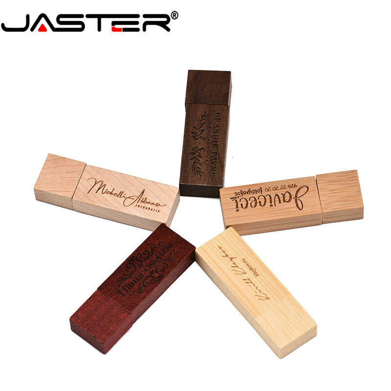 JASTER-unidad Flash USB 2,0 con grabado láser de madera, pendrive con caja, logotipo gratuito, 8GB, 16GB, 32GB, 64GB, regalo