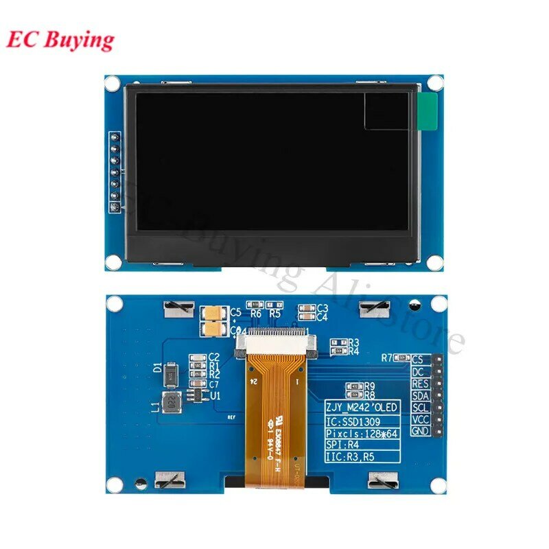 Módulo de exibição de tela LCD OLED, interface para Arduino, SPI, IIC, I2C, 128x64, 128 SSD1309, 4Pin, 7Pin, 2.42 ", 12864