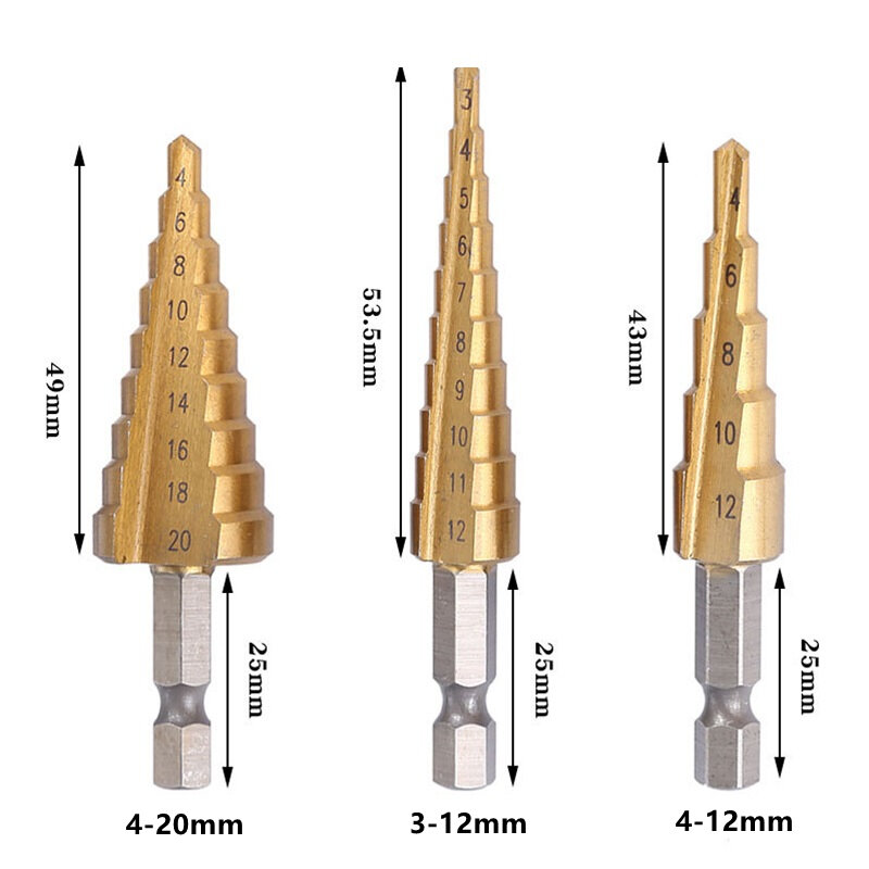 Broca de paso de ranura recta HSS de 3-12 / 4-12 / 4-20 / 4-32mm, juego de herramientas de perforación de cono de núcleo de cortador de agujeros de Metal de madera recubierta de titanio