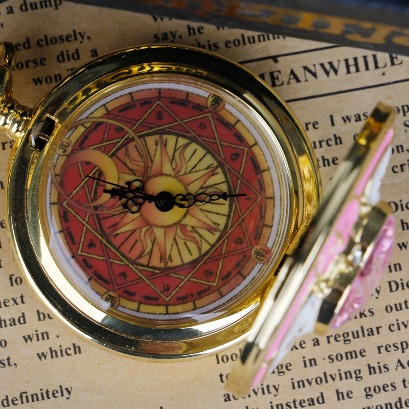 Golden สไตล์ Girly สีชมพูฝังคริสตัลควอตซ์นาฬิกาสุภาพสตรีเด็กสร้อยคอลูกปัด Moon นาฬิกากระเป๋า Fob จี้ของขวัญ