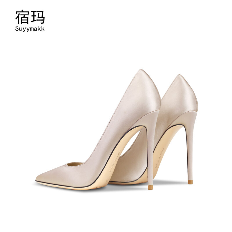 2022ของแท้ยี่ห้อเครื่องหนังแฟชั่นรองเท้าส้นสูงตื้นปั๊มรองเท้าผู้หญิง Pointed Toe Stiletto รองเท้า Elegant Office รองเท้า