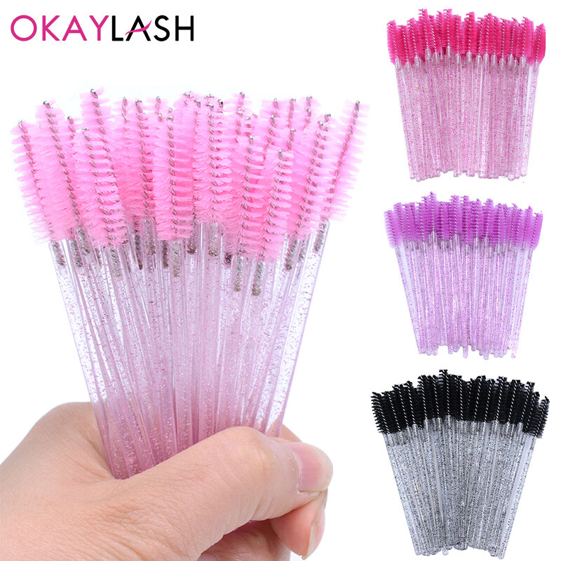 OKAYLASH 일회용 마이크로 글리터 속눈썹 마스카라 지팡이, 미니 크리스탈 속눈썹 브러시 빗, 핑크 화이트 스풀리, 50 개