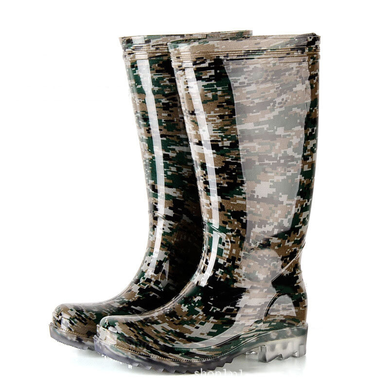 Men Rain Boots Knee High Boots Camouflage Waterproof PVC Rubber Antiskid Rainboots Garden Work Shoes Ourdoor Raining Day Wear