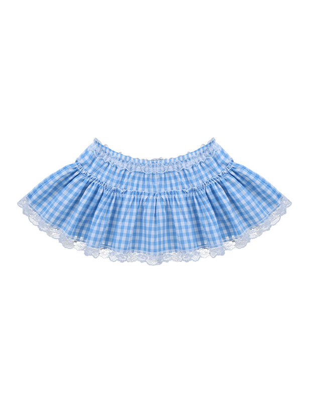 Unisex Men Women Schoolgirls Cocktail Party Clubwear Sexy Skirts Short Skirt with Lace Hem Pleated Gingham A-line Mini Skirt