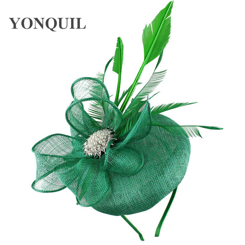 Vintage Party Formal Fedora Hats High Quality 4-Layer Green Sinamay Fascinator Hat Headband Bridal Party Show Headpiece Clip