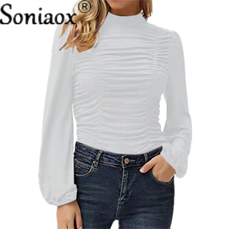 2021 outono blusa feminina cor sólida o-pescoço topos meia gola plissada lanterna manga longa camiseta senhoras casual pulôver