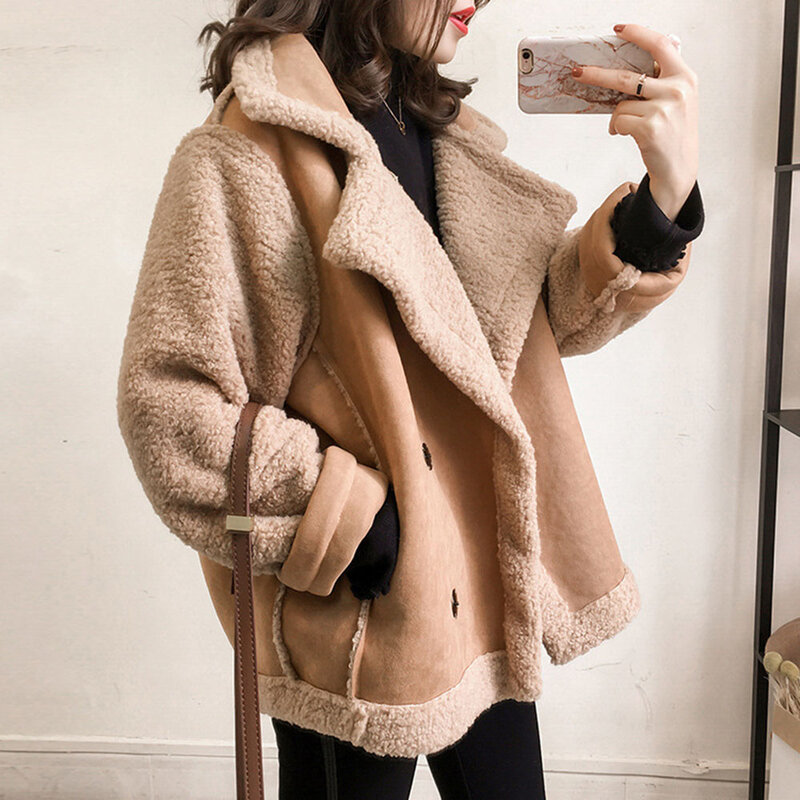 Jaqueta de inverno nova lapela casaco de lã de cordeiro feminino solto bf vento jaqueta de pele da motocicleta maré engrossar quente moda feminina casacos