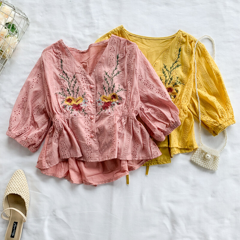 Blusa Retro de manga larga para mujer, camisa holgada con bordado Floral Vintage, Tops informales a la moda, Blusas de trabajo DD2524