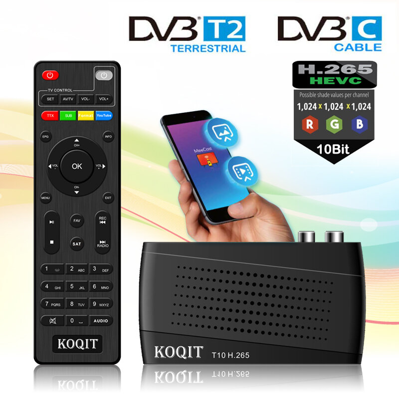 HEVC DVB-T2 DVB-C 디지털 TV 튜너, DVB T2 H265 안테나 리시버, 10 비트 HD 디코더, DVBT2 TV 스틱 캐스트 EPG 셋톱 박스 TDT 셋톱