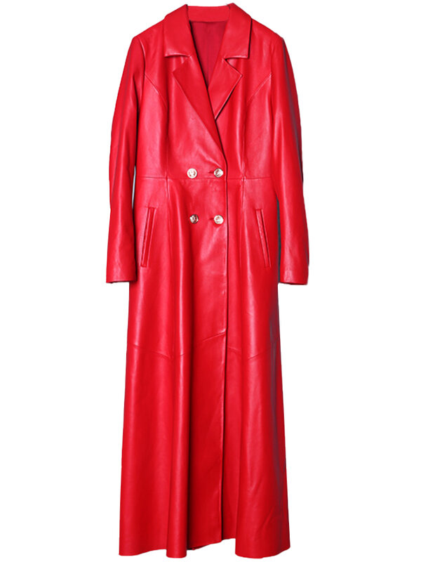 Lautaro-Casaco de couro falso para mulheres, trespassado duplo, saia longa, vermelho e preto, moda elegante e luxuosa, 4XL, 6XL, 7XL, outono