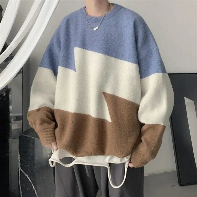 Suéter grueso de punto para hombre, jerseys de cuello redondo, suéteres sueltos de punto, ropa de calle de moda coreana, otoño e invierno, 2021