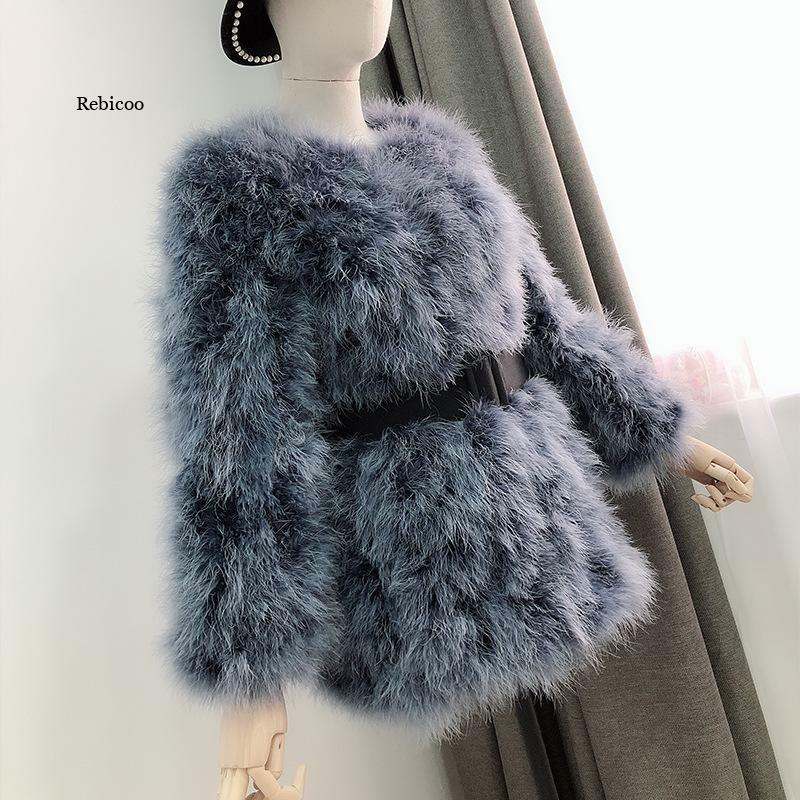 Herfst Winter Vrouwen Mode Struisvogelveren Jassen Medium Lange Real Fur Jassen Plus Size Puffy Turkije Bont