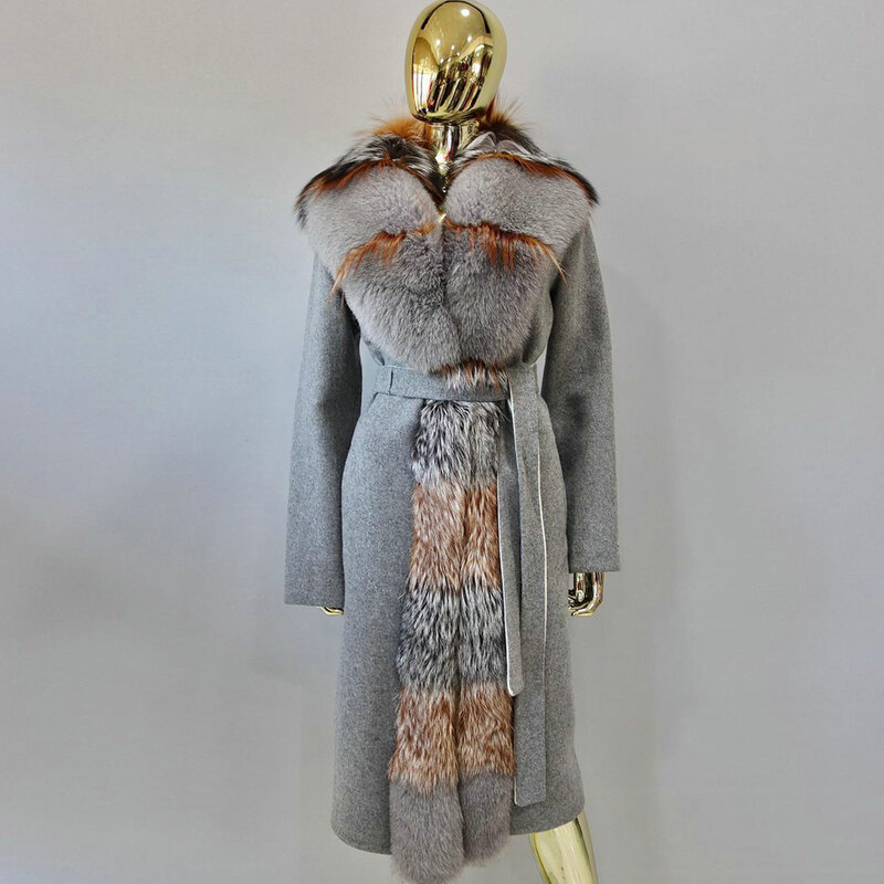 Женское длинное кашемировое пальто, теплая кашемировая шуба из натурального Лисьего меха с длинным воротником, новинка зимы 2022