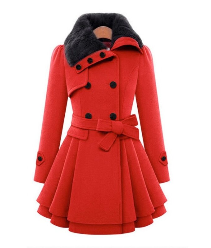 Womens New Style Vintage Woolen Coat Double Buckle Slim Trench Coats Lady Fur Collar Peacoat Winter Coat Outwear Plus Size