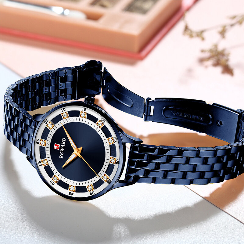 Reloj analógico azul de marca de recompensa para mujer reloj de pulsera de cuarzo de acero inoxidable de lujo Simple para mujer relojes de moda de diamantes de cristal