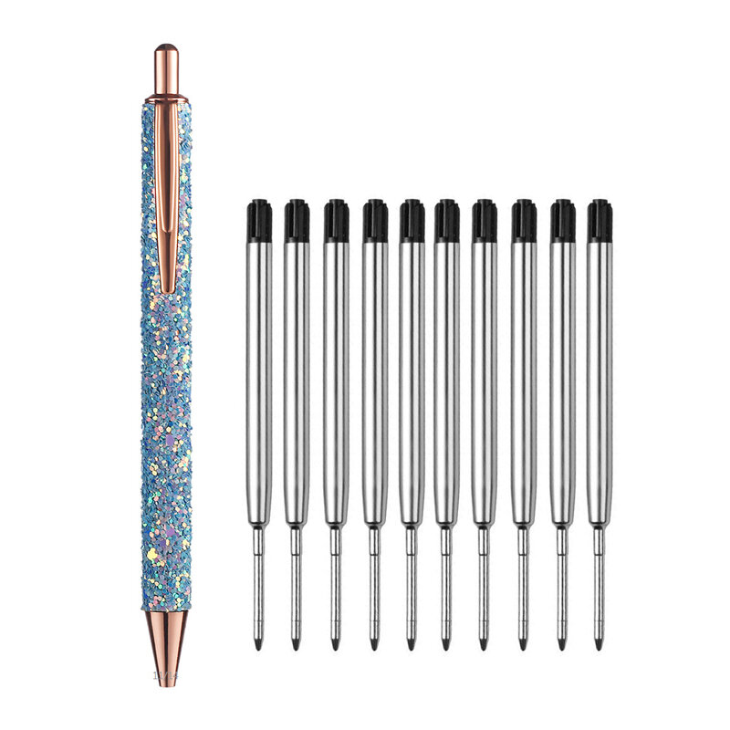 11pcs/set Glitter Sequin Metal Pen 1.0mm Blue Black Refill Rod Retractable Ballpoint Pen for School Office Stationery Gift