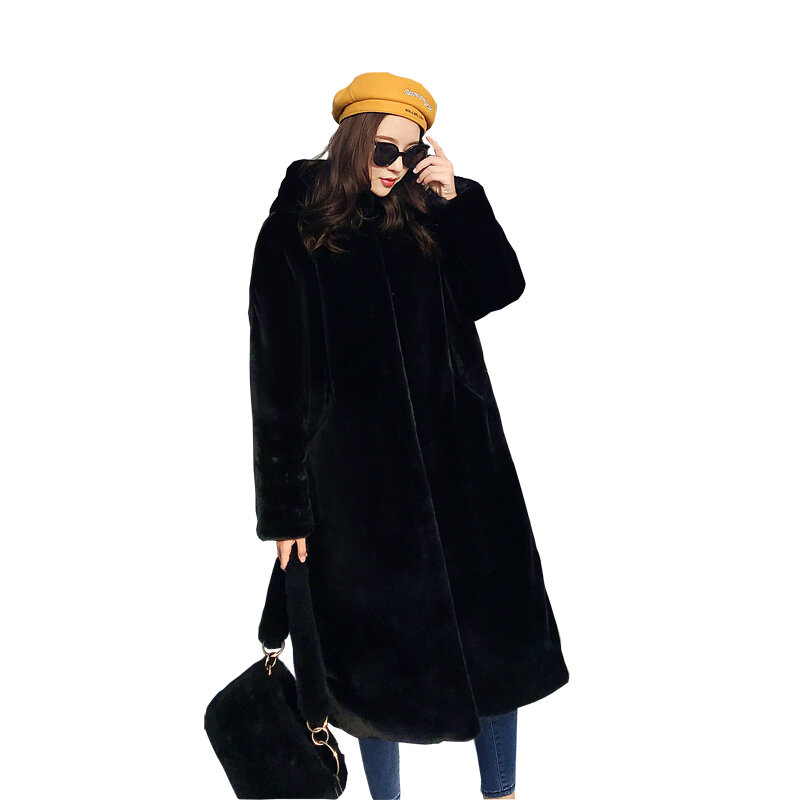 Mantel Musim Dingin Wanita Bulu Kelinci Palsu Mantel Bulu Korea Berkerudung Rambut Imitasi Jaket Panjang Longgar Tebal Hangat Jaket Bulu Imitasi Pasang