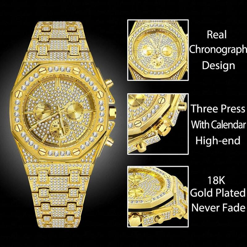 Часы наручные мужские кварцевые из нержавеющей стали, роскошные брендовые водонепроницаемые в стиле хип-хоп, с украшением в виде сверкающих бриллиантов, 18 К золотого цвета