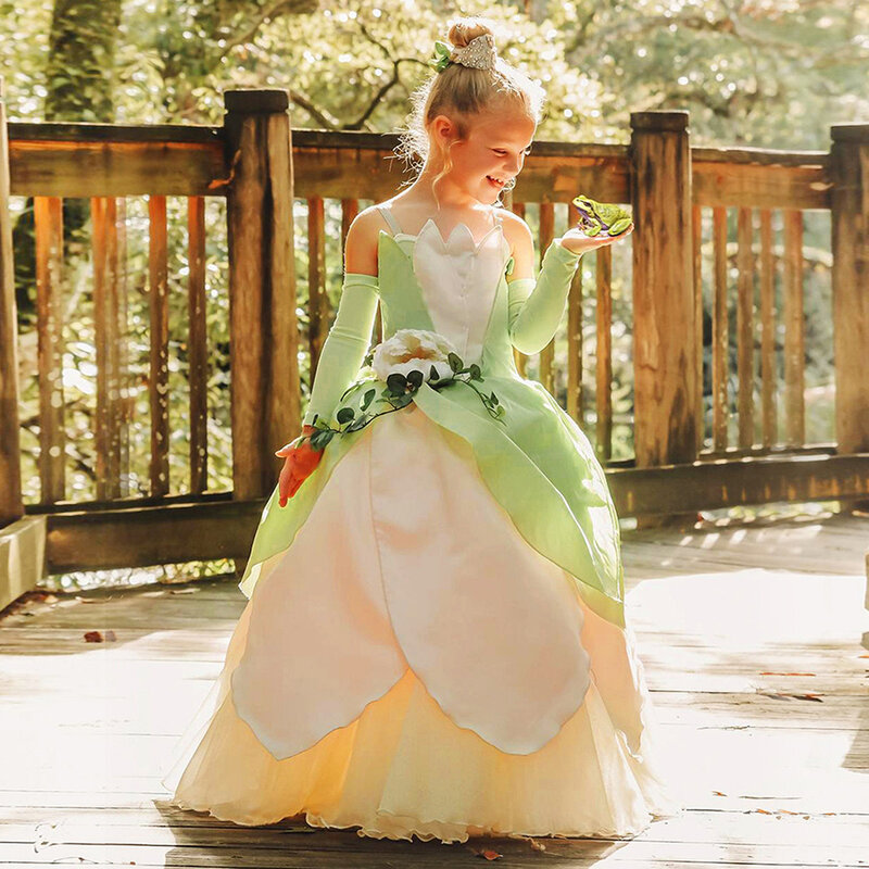 Disney-Robe de princesse Tiana pour filles, robe de fleur de paupières, fête d'anniversaire, vêtements de carnaval pour enfants, costume de fée clochette cosplay pour enfants