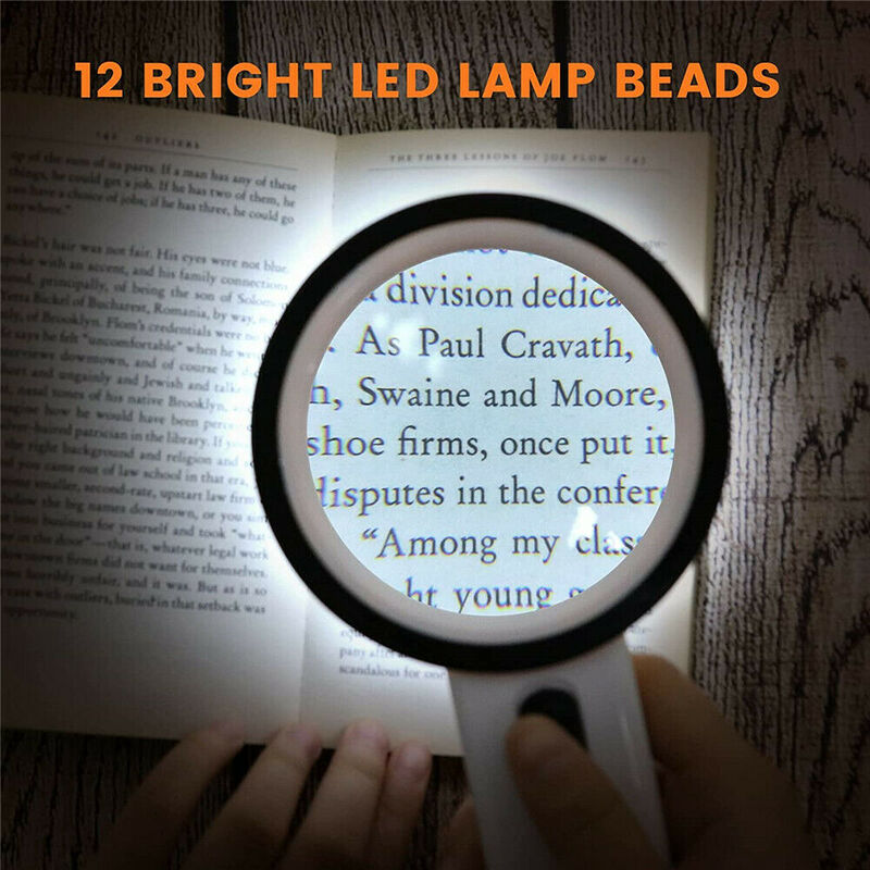 D2 Handheld Magnifying Glass w/ 12 Bright LED Light Illuminated Magnifier Book Reading Light Torch Lamp Night Light Flashlight