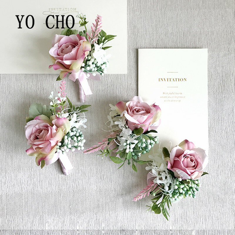 YO CHO Sutra Rose Bros Pengiring Pengantin Boutonniere Pria Pernikahan Korsase Gelang Bunga Pernikahan Boutoninere Planner Korsase Bunga