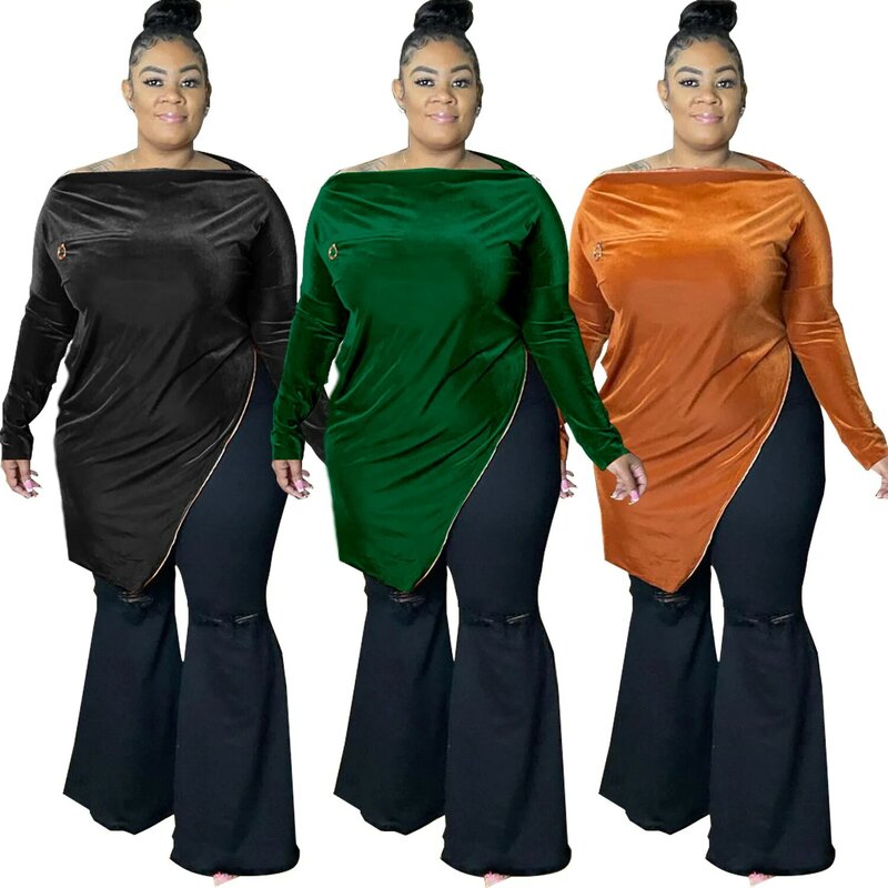 Autumn Urban Casual Soild Color Women Clothing Plus Size Top 2021 New Large Size Women Top Square Shoulder Zipper Velvet Surface