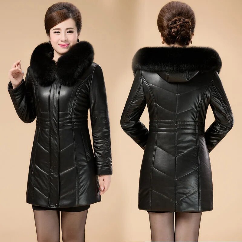 Women's Leather Overcoat New Leather Cotton Coat Parkas Hooded Padded Warm Winter Jackets Female Mid-Length Cotton Outerwear