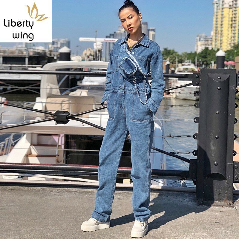 Harajuku Boyfriend Style Women Cargo Denim Jumpsuit High Street Casual Spring New Belted Waist Bag Long Jeans Rompers Overalls