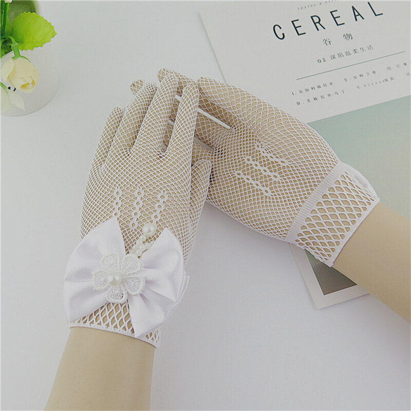 1 Pair Girls Kids White Lace Wedding Gloves Faux Pearl Bowknot Fishnet Gloves Communion Flower Girl Party Ceremony Accessories