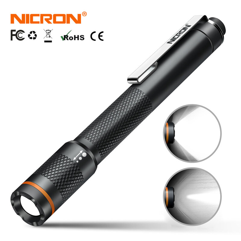 NICRON B22W 펜 손전등 높은 CRI 컬러 매치 줌이 가능한 120LM 방수 IP65 2xAAA 미니 홈 토치 램프, 유지 보수 등